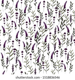 Seamless pattern made of lavender flowers, branches with leaves. Vector illustration, botany ornament. Endless texture for design projects, textiles, prints.