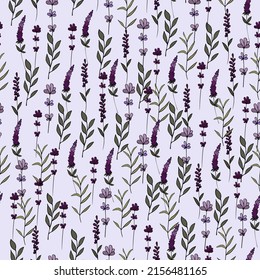 Seamless pattern made of lavender flowers, branches with leaves. Vector illustration, botany ornament. Endless texture for design projects, textiles, prints