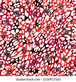 Seamless pattern made of leopard spots skin mixed with floral texture. African animal fur background. Spotted ornament. Vintage style. Good for wrapping, banner, fashion, textile and fabric.