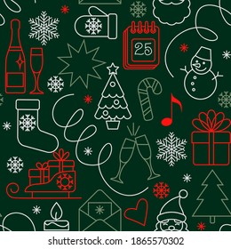 seamless pattern is made up of linear symbols of Christmas and new year on a green background. stock vector illustration. EPS 10.