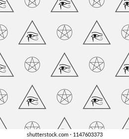 Seamless Pattern made from Mason symbols with pyramids and eyes, vector