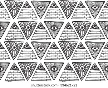Seamless Pattern made from Mason symbols with pyramids and eyes, vector