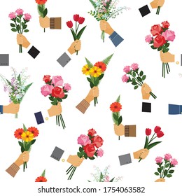 seamless pattern is made up of men's hands holding bouquets of flowers. it can be used as a background for weddings, birthdays, and other celebrations. the flat pattern. stock vector EPS 10.