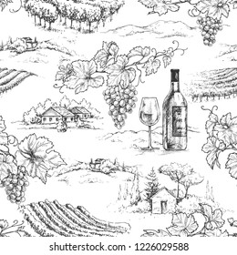 Seamless pattern made with monochrome hand drawn grape branches, bottle and glass on rural scene background. Winemaking theme vector sketch. 