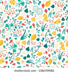 Seamless pattern made from natural 
medicines - linden, rosehip, garlic, sour lemon, sweet honey,red rowan. Wellbeing theme. Herbs, healthy objects. Green lifestyle. White background. Natural backdrop