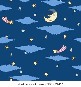 seamless pattern made from night sky with stars, clouds and sleeping moon