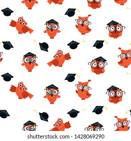 Seamless pattern made of Owls with graduation caps on white background. Flat Art Vector illustration