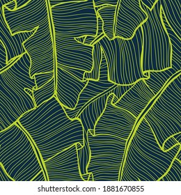 Nahtlose Muster aus Palmblättern Textur. Exotischer botanischer Hintergrund. Linienzeichnung.
