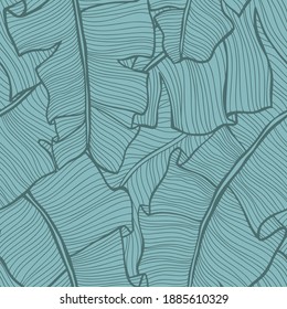 Seamless pattern made of palm leaves texture. Exotic botanical background. Line drawing.
