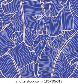 Seamless pattern made of palm leaves texture. Exotic botanical background. Line drawing.
