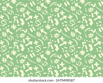 Seamless pattern made of perforated math signs (symbols) and language punctuation marks on green background (backdrop). Education, business, finance, science, writing. Vector illustration.