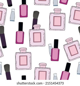 Seamless pattern made of perfume bottle, cosmetic brush, nail polish, cream tube. Hand drawn vector illustration, ink pen drawing. Endless texture for decoration, stationery, textile, wrapping paper