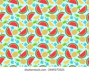 Seamless pattern made of pineapple, watermelon, citrus, watermelon seeds, ice cubes. Isolated on blue background (backdrop). Food. Vector illustration.