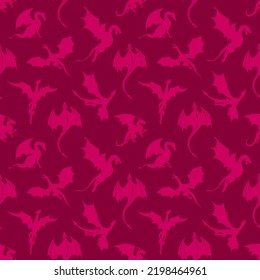 Seamless pattern made up of pink dragons and wyverns. Endless repeating monochrome texture for printing on package, gift paper, wrappers, textile, envelopes, cards or cloth.