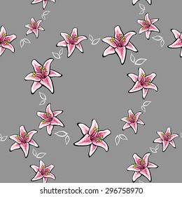 Seamless pattern made from pink lilies and white leafs. Vector illustration