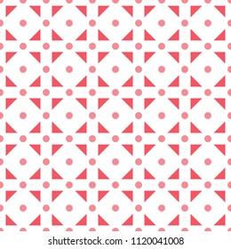 Seamless pattern made or pink polka dots and red (dark pink) triangles in square shape on white background