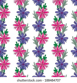 Seamless pattern made of pink and purple flowers on white background