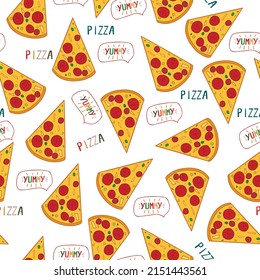 Seamless pattern made of pizza. Hand drawn illustration in doodle style, bright colors. Endless texture for decoration, stationery, textile, wrapping paper