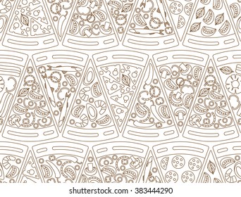 Seamless pattern made of pizza pieces in line style. Vector illustration of pizza Marhgerita, Pepperoni, Seafood, Hawaiian, Mexican, Cheese, Mushroom, Marinara, Vegetarian. Info graphic elements.