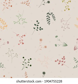 Patrón inmaculado de plantas con flores en tonos pastel y fondo beige. Patrón vectorial de naturaleza con colores terrenales