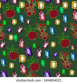Seamless pattern made of precious gems and brooches. Vector doodle illustration, bright colors. Endless texture for your design, romantic greeting cards, announcements, fabrics.