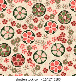 A seamless pattern made up of primitive drawings of multicolored flowers.
The painting is located on a background of textures consisting of eight-petalled symbolic flowers.