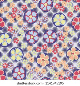 A seamless pattern made up of primitive drawings of multicolored flowers.
The painting is located on the background of a texture of rhombuses drawn with wedge-shaped lines.