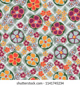 A seamless pattern made up of primitive drawings of multicolored flowers.
The painting is located on the background of a texture of rhombuses drawn with wedge-shaped lines.