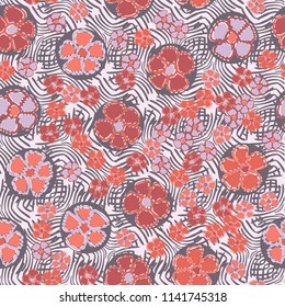 A seamless pattern made up of primitive drawings of multicolored flowers.
The picture is located on the background of a texture consisting of a pattern of curved lines.