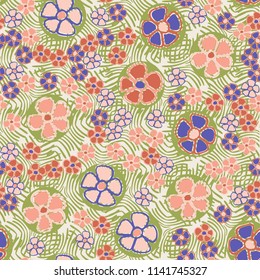 A seamless pattern made up of primitive drawings of multicolored flowers.
The picture is located on the background of a texture consisting of a pattern of curved lines.
