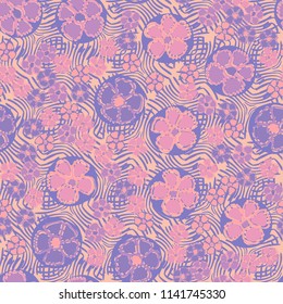 A seamless pattern made up of primitive drawings of multicolored flowers.
The picture is located on the background of a texture consisting of a pattern of curved lines.