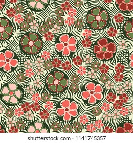A seamless pattern made up of primitive drawings of multicolored flowers.
The picture is located on the background of a texture consisting of a pattern of curved lines.