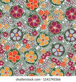 A seamless pattern made up of primitive drawings of multicolored flowers.
The picture is located on the background of a texture consisting of a pattern of curved lines.