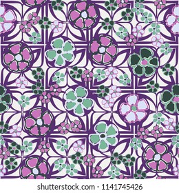 A seamless pattern made up of primitive drawings of multicolored flowers.
The painting is located on the background of a texture consisting of four-petalled symbolic flowers.