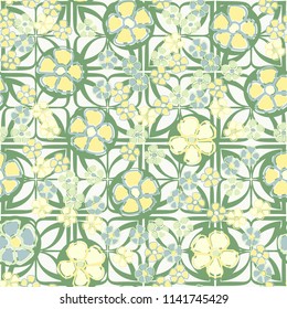 A seamless pattern made up of primitive drawings of multicolored flowers.
The painting is located on the background of a texture consisting of four-petalled symbolic flowers.