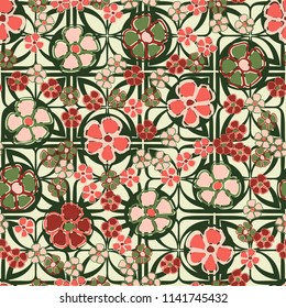 A seamless pattern made up of primitive drawings of multicolored flowers.
The painting is located on the background of a texture consisting of four-petalled symbolic flowers.