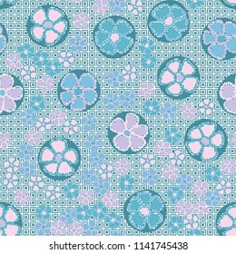 A seamless pattern made up of primitive drawings of multicolored flowers.
The picture is located on a background of a texture consisting of four-beam stars inscribed in squares.