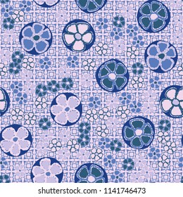 A seamless pattern made up of primitive drawings of multicolored flowers.
The painting is located on a background of a texture consisting of eight-pointed stars and squares.