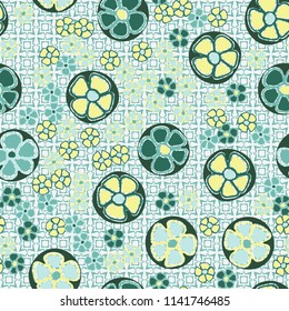 A seamless pattern made up of primitive drawings of multicolored flowers.
The painting is located on a background of a texture consisting of eight-pointed stars and squares.