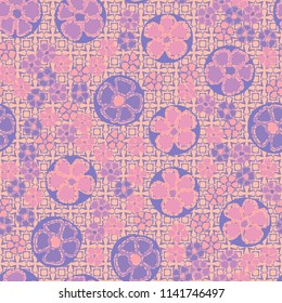 A seamless pattern made up of primitive drawings of multicolored flowers.
The painting is located on a background of a texture consisting of eight-pointed stars and squares.