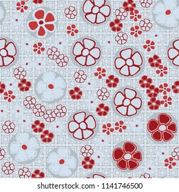 A seamless pattern made up of primitive drawings of multicolored flowers.
The painting is located on a background of a texture consisting of eight-pointed stars and squares.