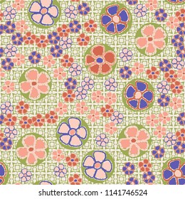 A seamless pattern made up of primitive drawings of multicolored flowers.
The painting is located on a background of a texture consisting of eight-pointed stars and squares.