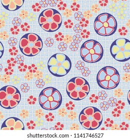 A seamless pattern made up of primitive drawings of multicolored flowers.
The painting is located on a background of a texture consisting of eight-pointed stars and squares.