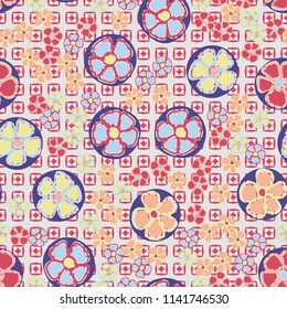 A seamless pattern made up of primitive drawings of multicolored flowers.
The painting is located on a background of textures consisting of small squares and rhombuses.