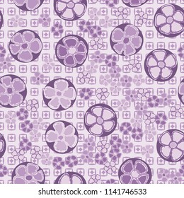A seamless pattern made up of primitive drawings of multicolored flowers.
The painting is located on a background of textures consisting of small squares and rhombuses.