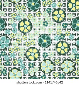 A seamless pattern made up of primitive drawings of multicolored flowers.
The painting is located on a background of textures consisting of small squares and rhombuses.