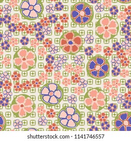 A seamless pattern made up of primitive drawings of multicolored flowers.
The painting is located on a background of textures consisting of small squares and rhombuses.