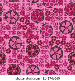 A seamless pattern made up of primitive drawings of multicolored flowers.
The painting is located on a background of textures consisting of small squares and rhombuses.