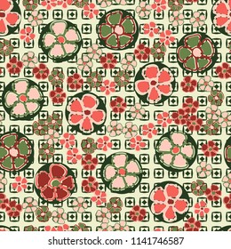 A seamless pattern made up of primitive drawings of multicolored flowers.
The painting is located on a background of textures consisting of small squares and rhombuses.