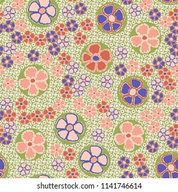 A seamless pattern made up of primitive drawings of multicolored flowers.
The picture is located on the background of a texture consisting of small four-beam stars and squares.